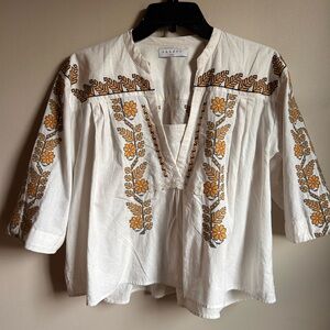 Sandro Cream Bali Woven Embroidered Floral Blouse size 1/small/US 4